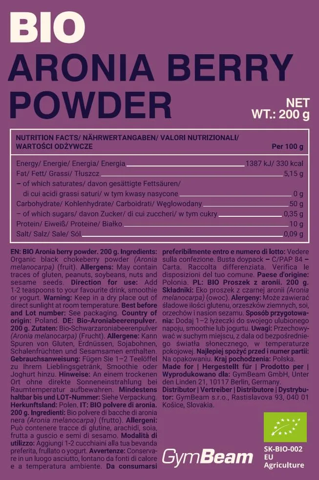 GymBeam Aronia Bio Polvere Vegana Senza Zuccheri