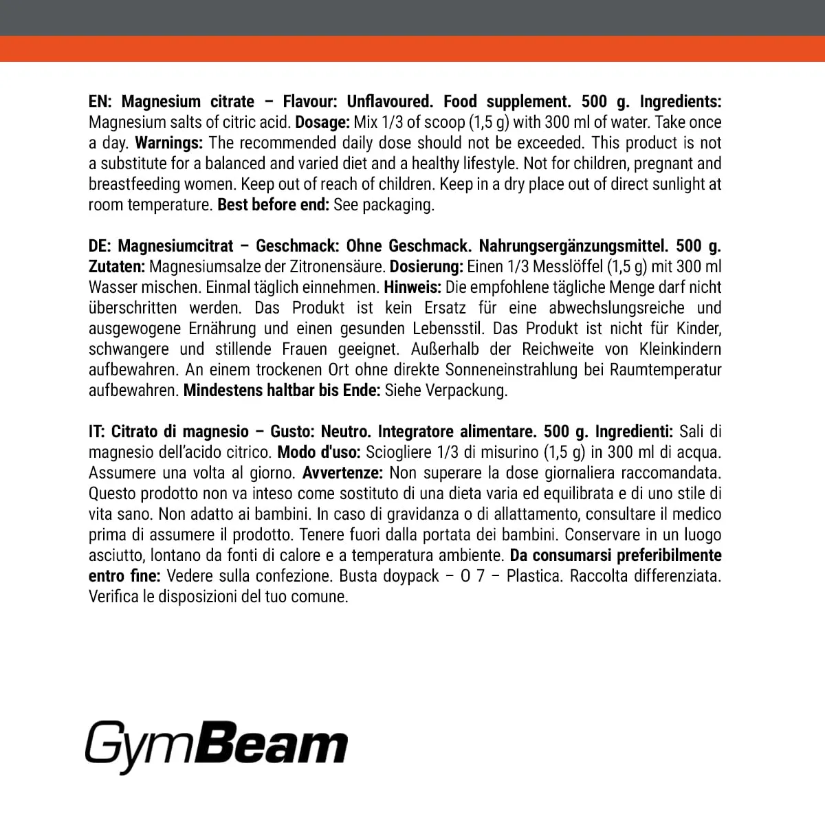 GymBeam Magnesio Citrato polvere 500 g neutro recupero