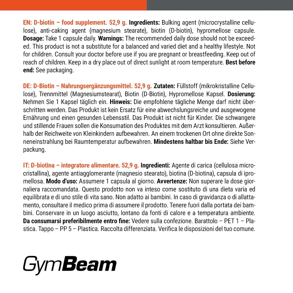 GymBeam D-Biotina 300 µg integratore 60 capsule capelli