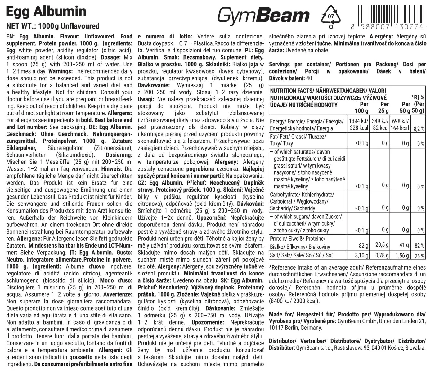 GymBeam Albumina d'Uovo Proteine Neutro senza lattosio