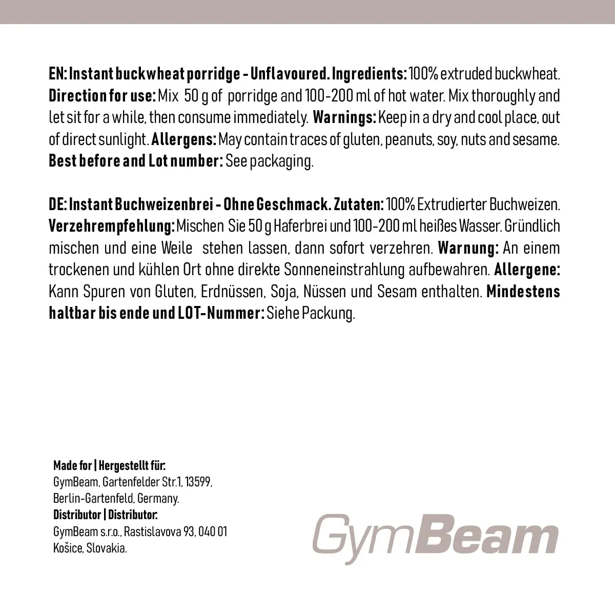 GymBeam Porridge Grano Saraceno Istantaneo porridge neutro 450 g senza glutine