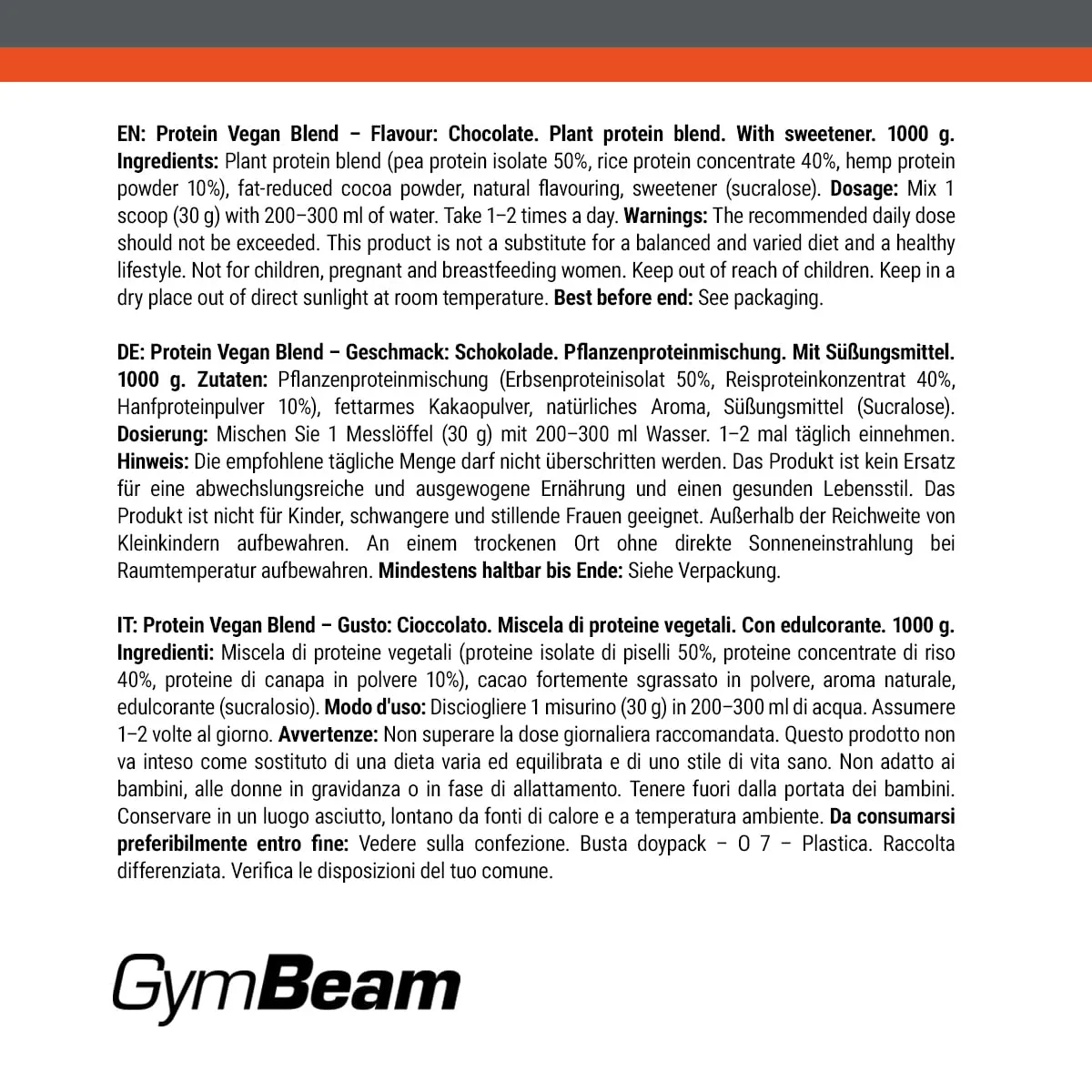 GymBeam Vegan Blend proteine 1000 g cioccolato pisello riso canapa