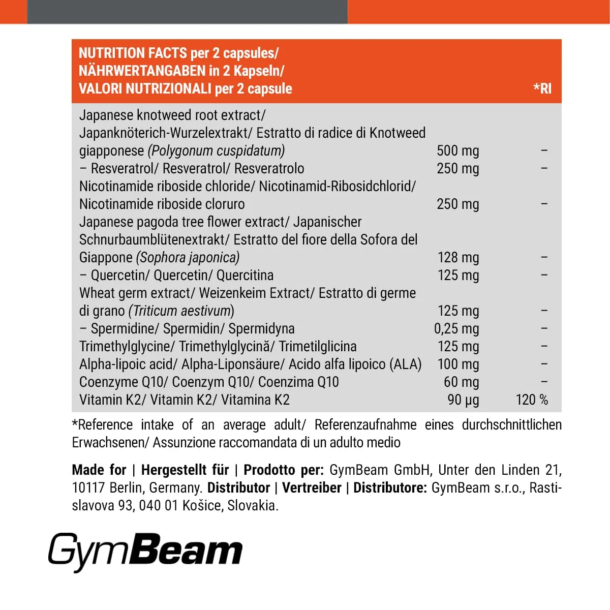 GymBeam Longevity Complex Capsule 90 cps Q10 Resveratrolo