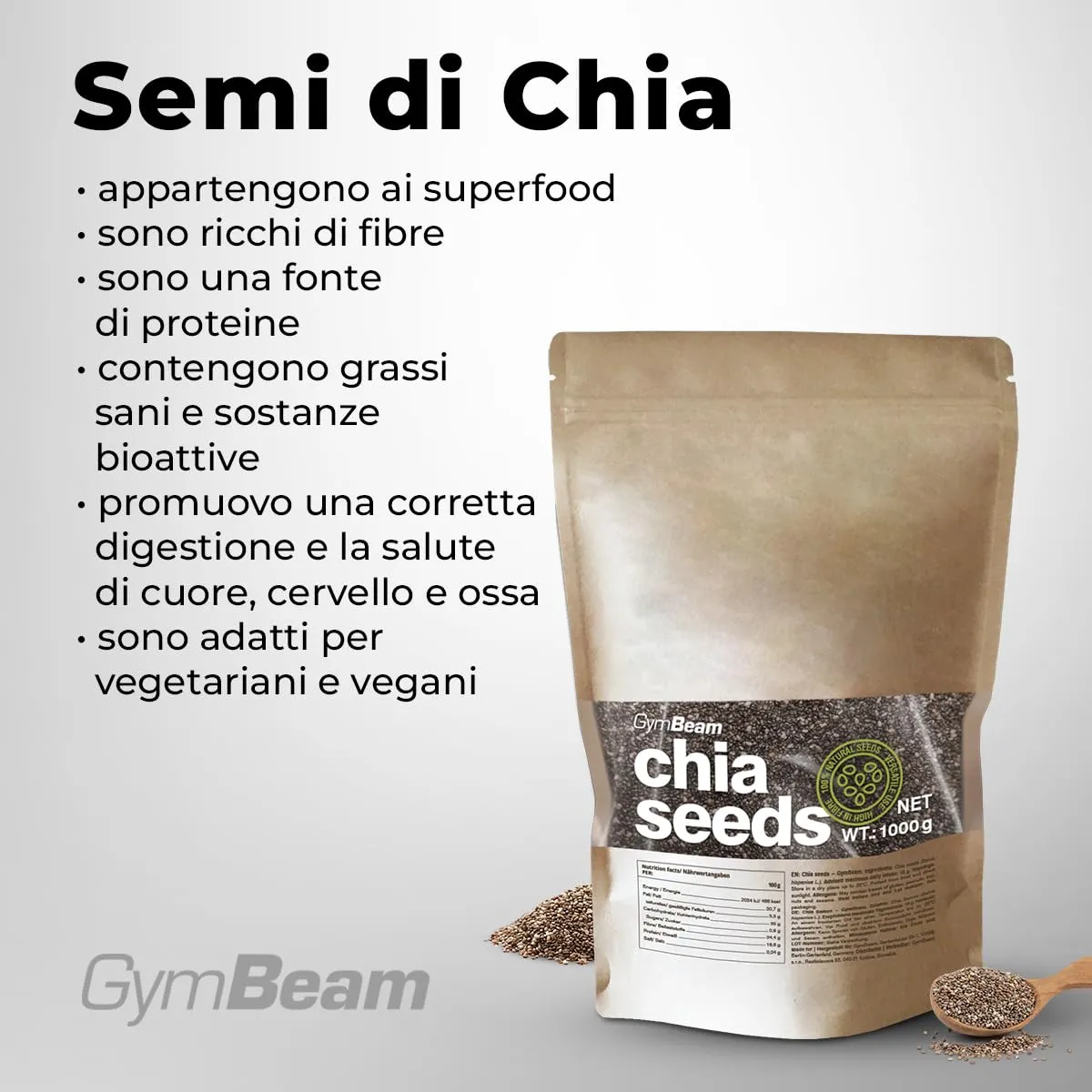 GymBeam Semi di Chia 900 g fibre proteine vegani