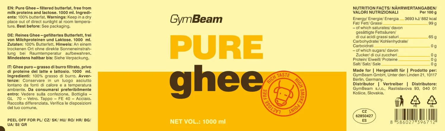 GymBeam Ghee Puro Burro Chiarificato 1000 ml Senza Lattosio