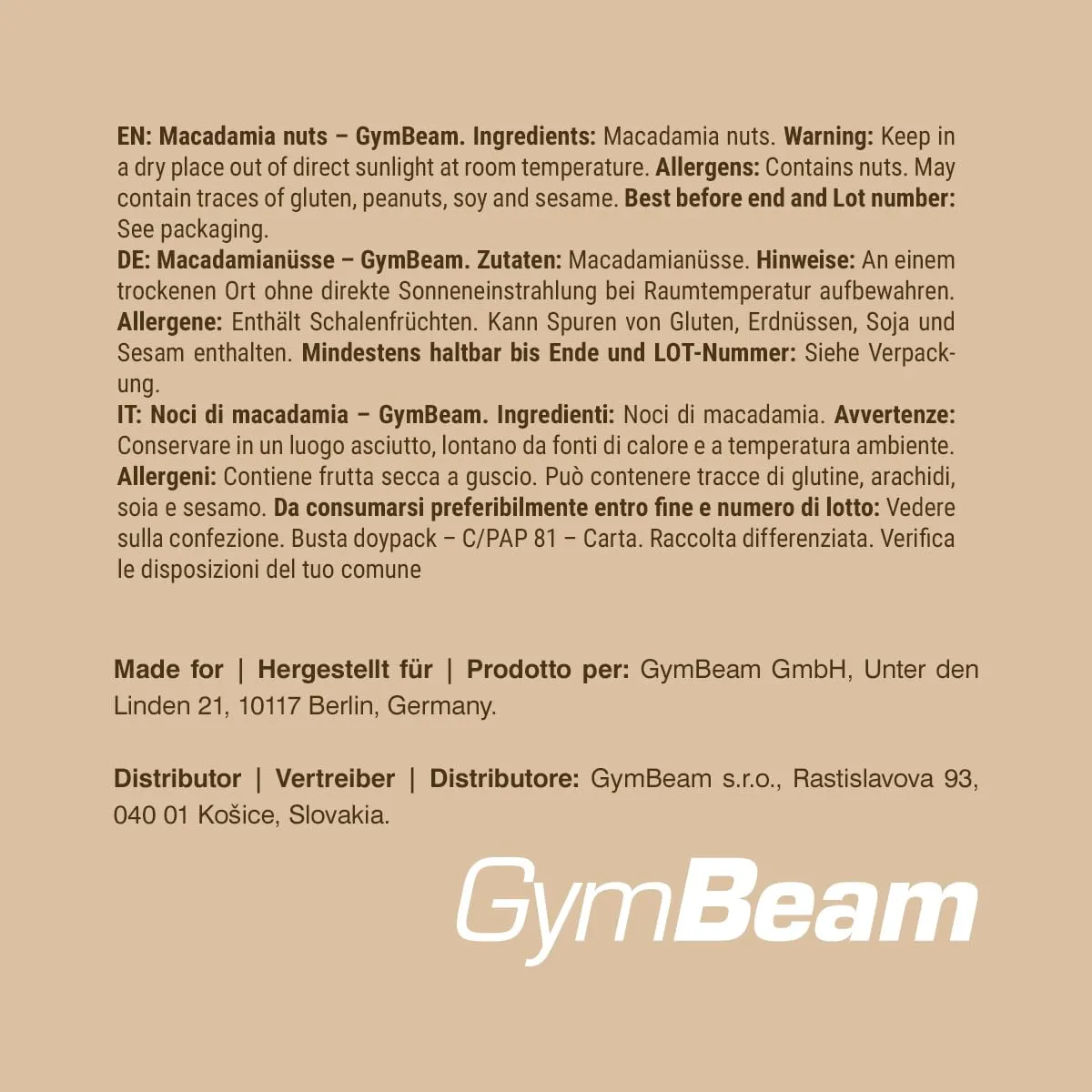 GymBeam Noci di Macadamia Intere Snack 500g Non Salate