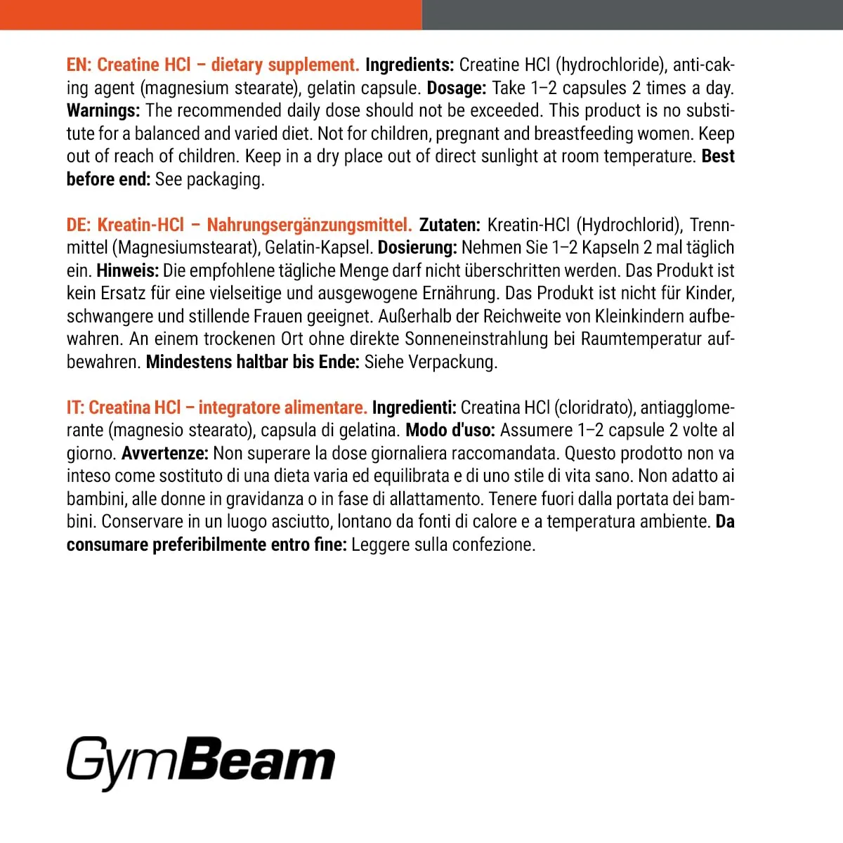 GymBeam Creatina HCL Capsule Forza e Sprint 4 cps/die