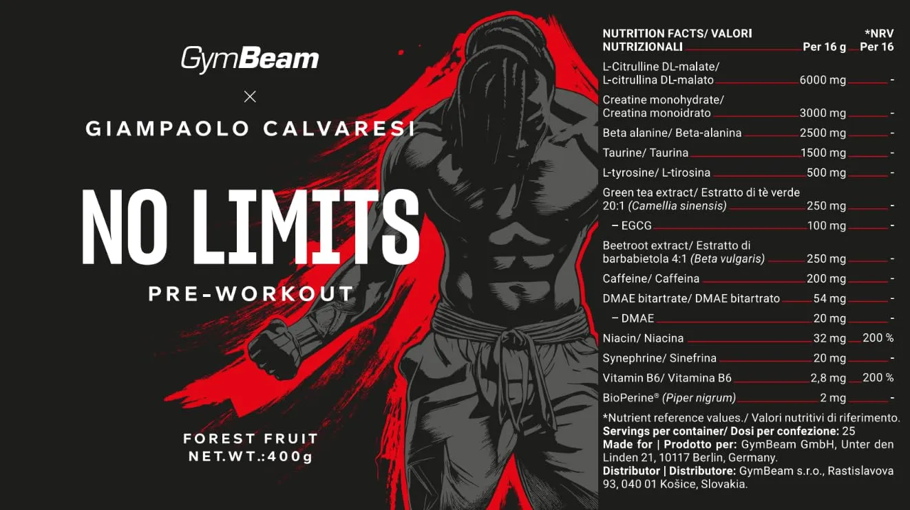 GymBeam No Limits Pre-Workout Polvere 400 g Caffeina
