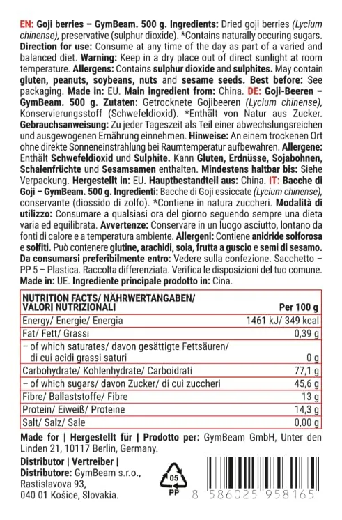 GymBeam Bacche di Goji Essiccate Snack 500 g Fibre