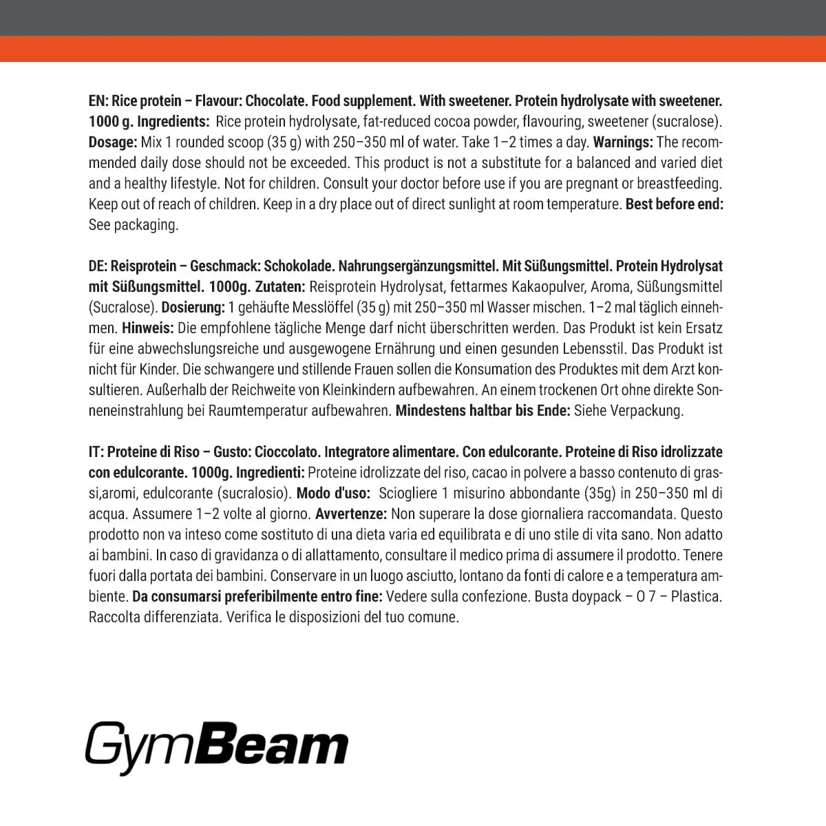 GymBeam Proteine di Riso 1000 g Cioccolato 79% Proteine