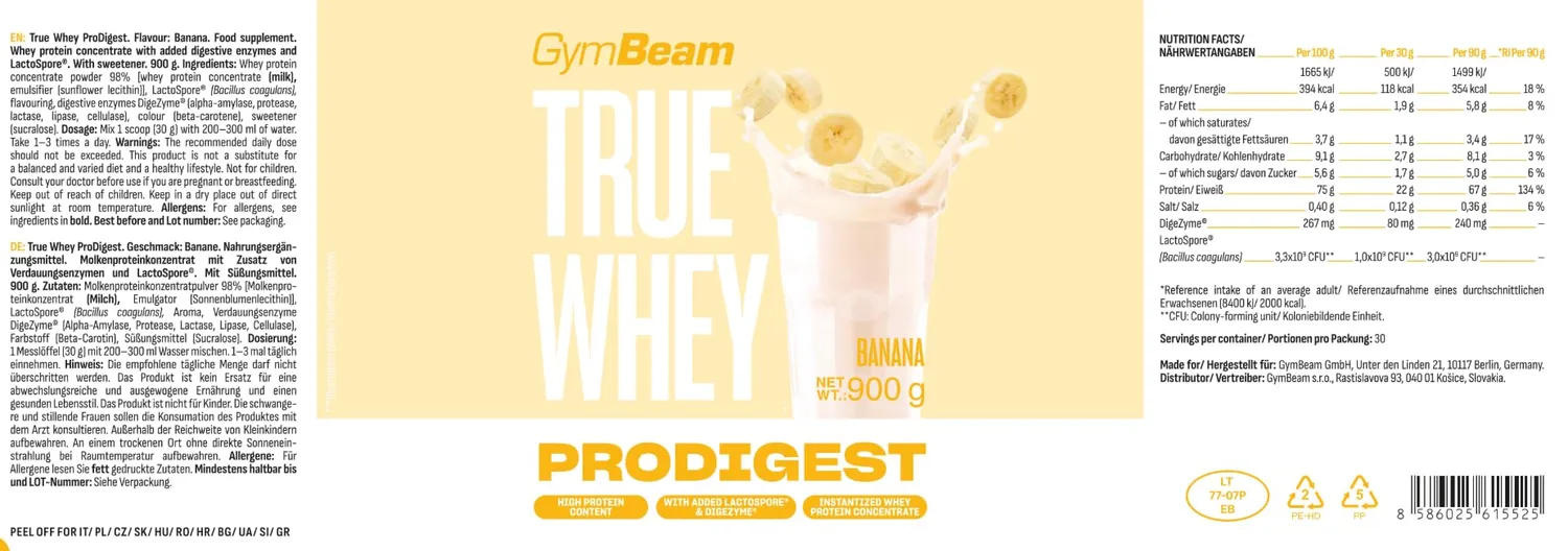 GymBeam True Whey ProDigest proteine banana 900 g con enzimi