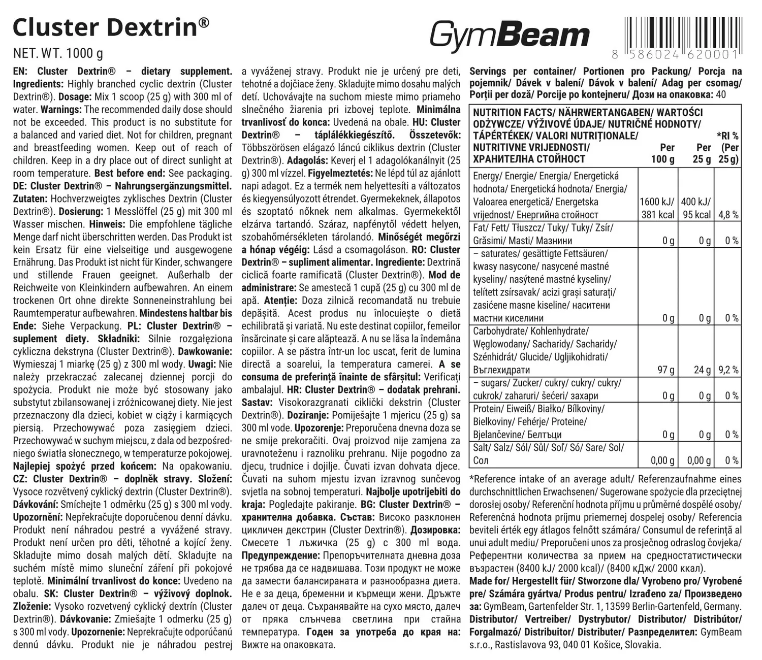 GymBeam Cluster Dextrin carboidrati polvere 1000 g HBCD