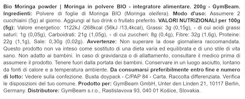 GymBeam Moringa BIO polvere 200 g fibre e proteine