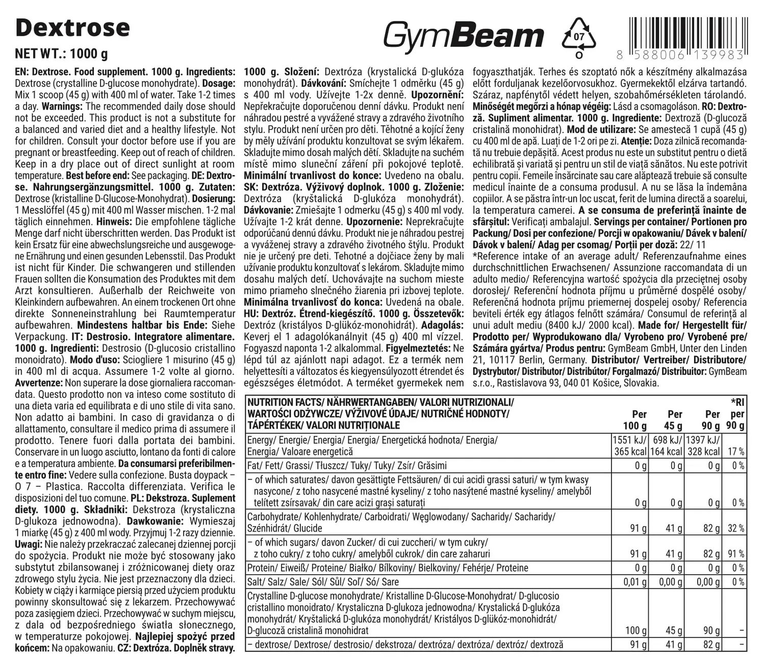 GymBeam Destrosio in Polvere Zucchero Uva Glucosio Vegano Rapido