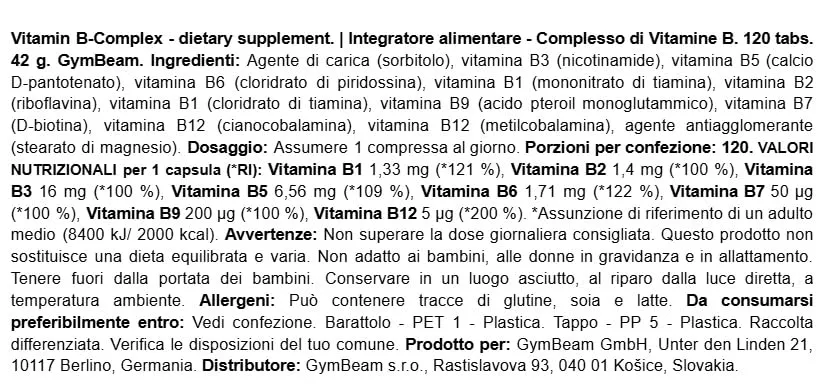 GymBeam Vitamina B Complex compresse 120 cpr energia
