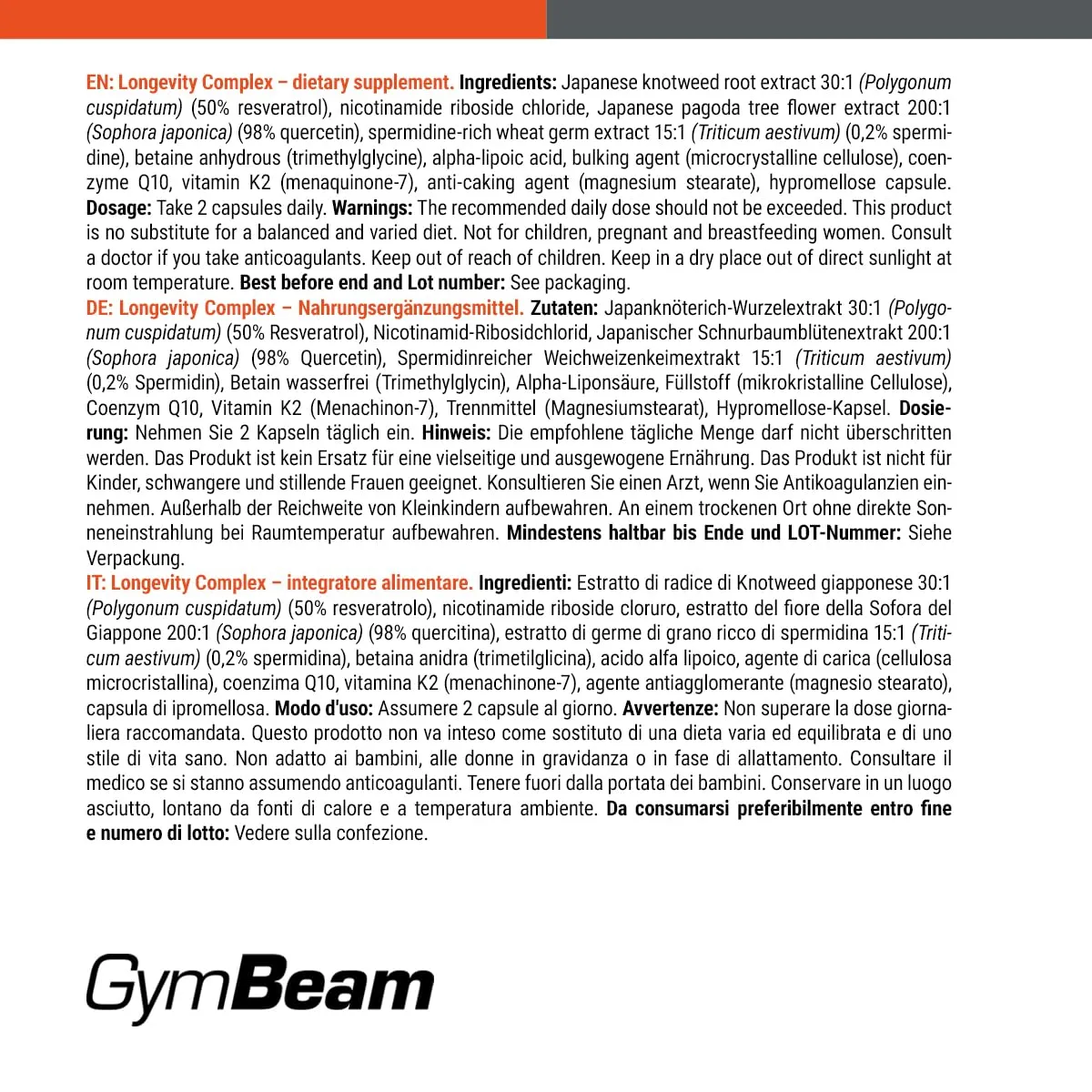 GymBeam Longevity Complex Capsule 90 cps Q10 Resveratrolo