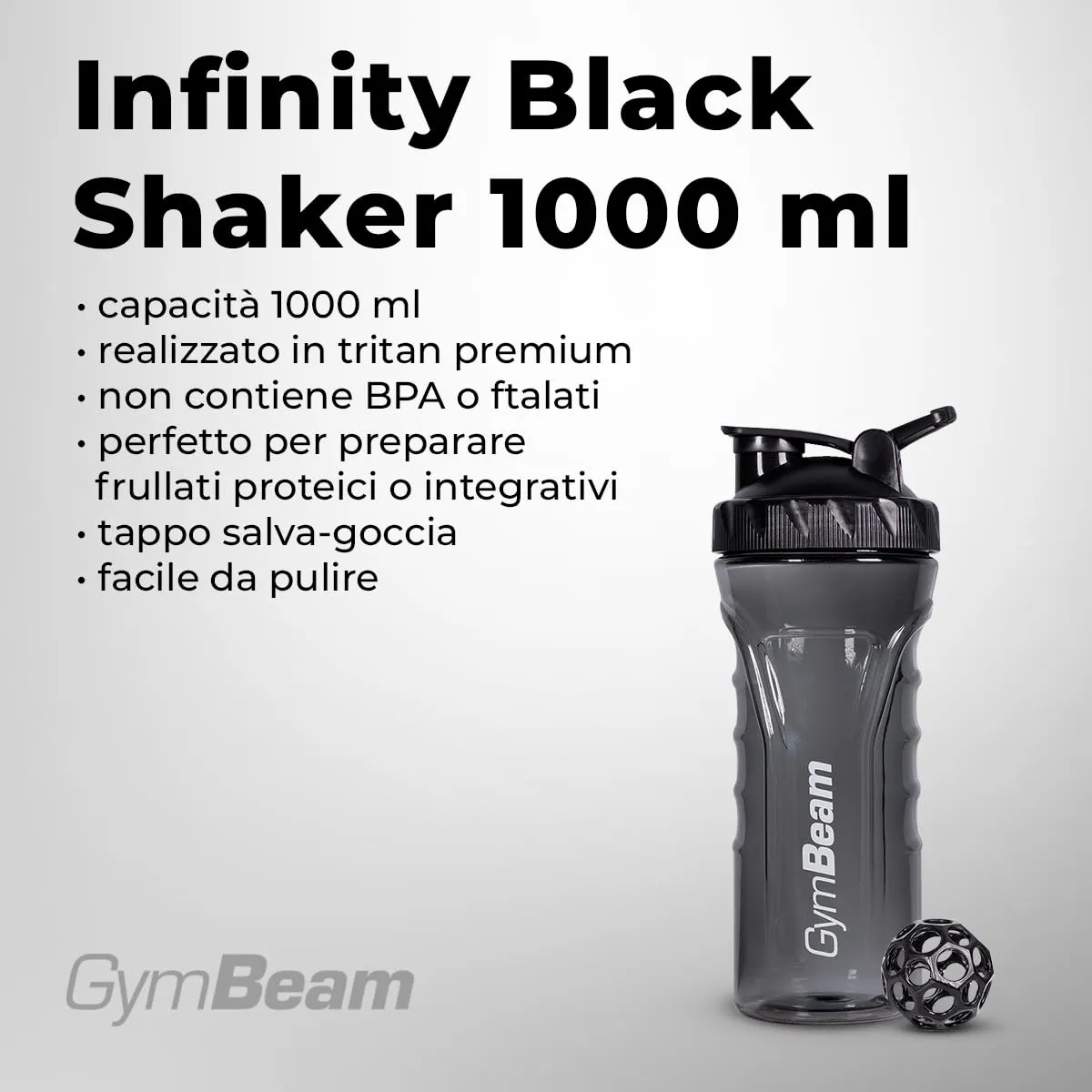 GymBeam Infinity shaker 1000 ml nero in Tritan senza BPA