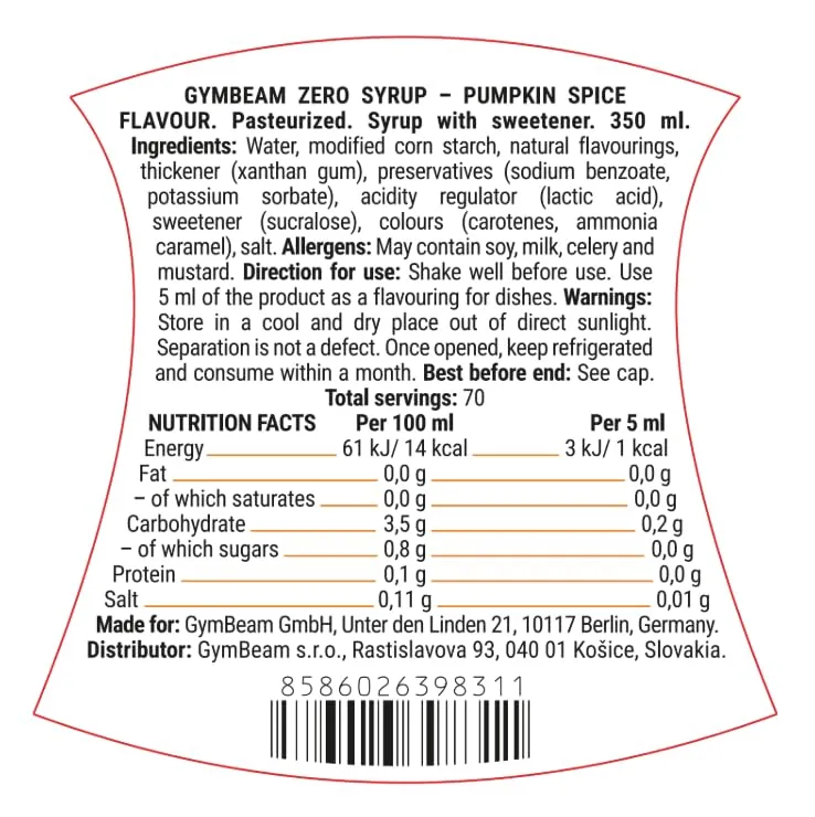 GymBeam Sciroppo Zero Pumpkin Spice Latte 350 ml