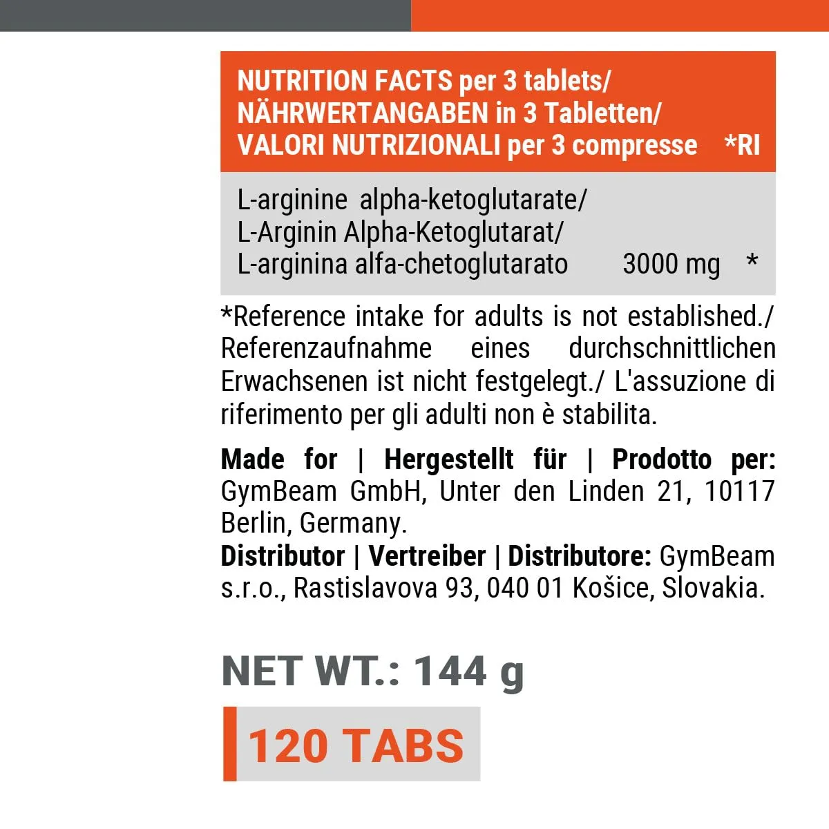 GymBeam Arginina AKG compresse 120 tabs pump pre-allenamento