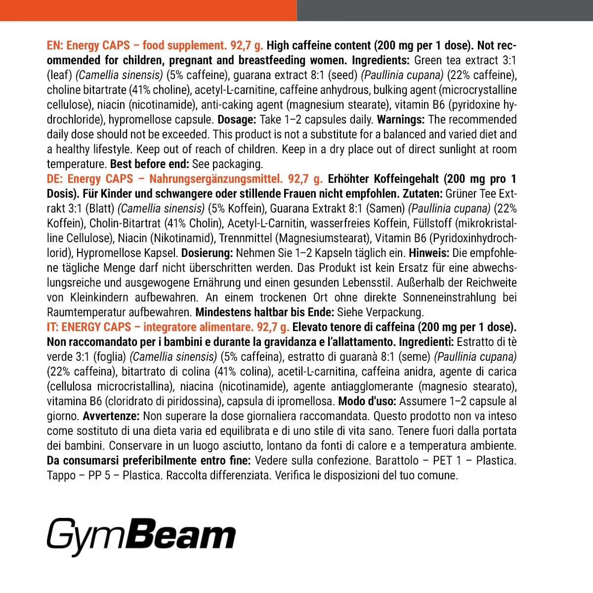 GymBeam Energy CAPS capsule energetiche 60 cps caffeina