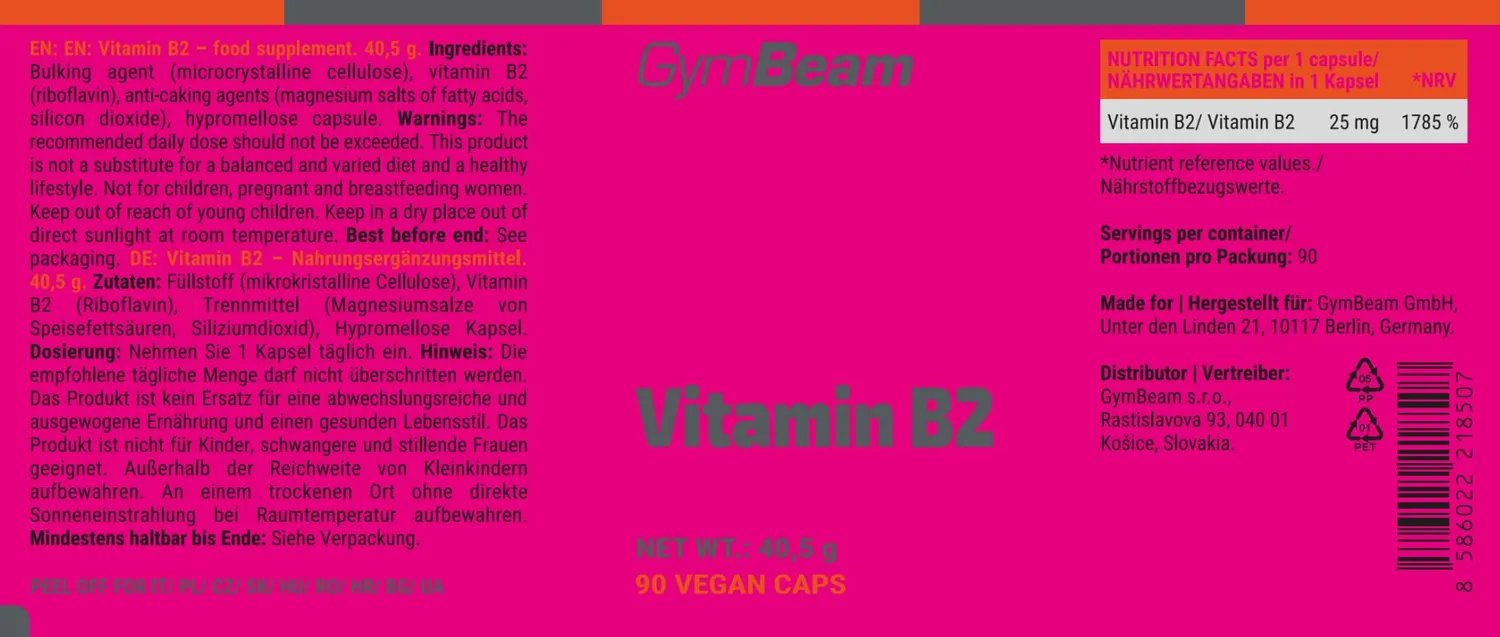 GymBeam Vitamina B2 Riboflavina 28mg 90 Capsule Vegane