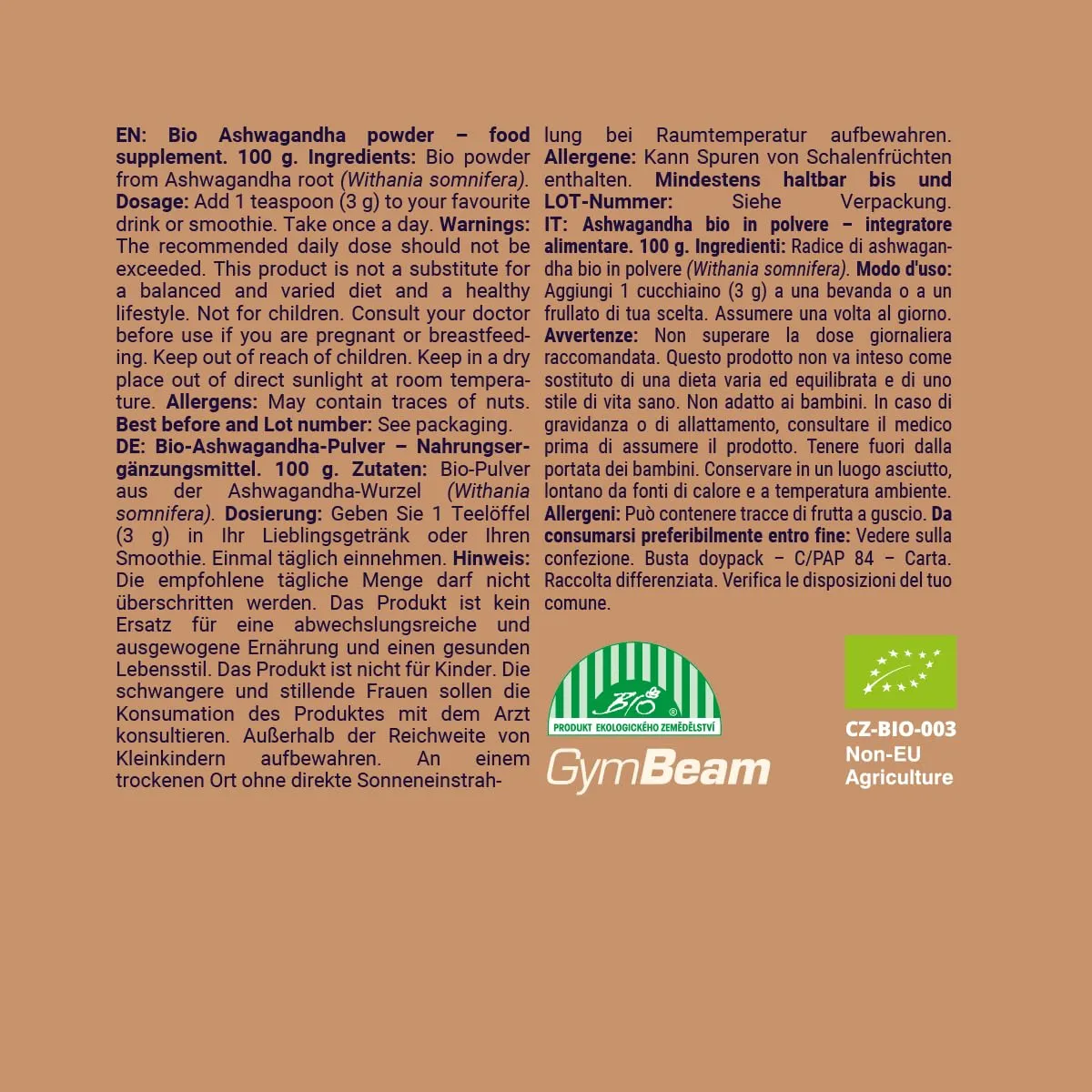 GymBeam Ashwagandha BIO Polvere 100g Adattogeno Stress