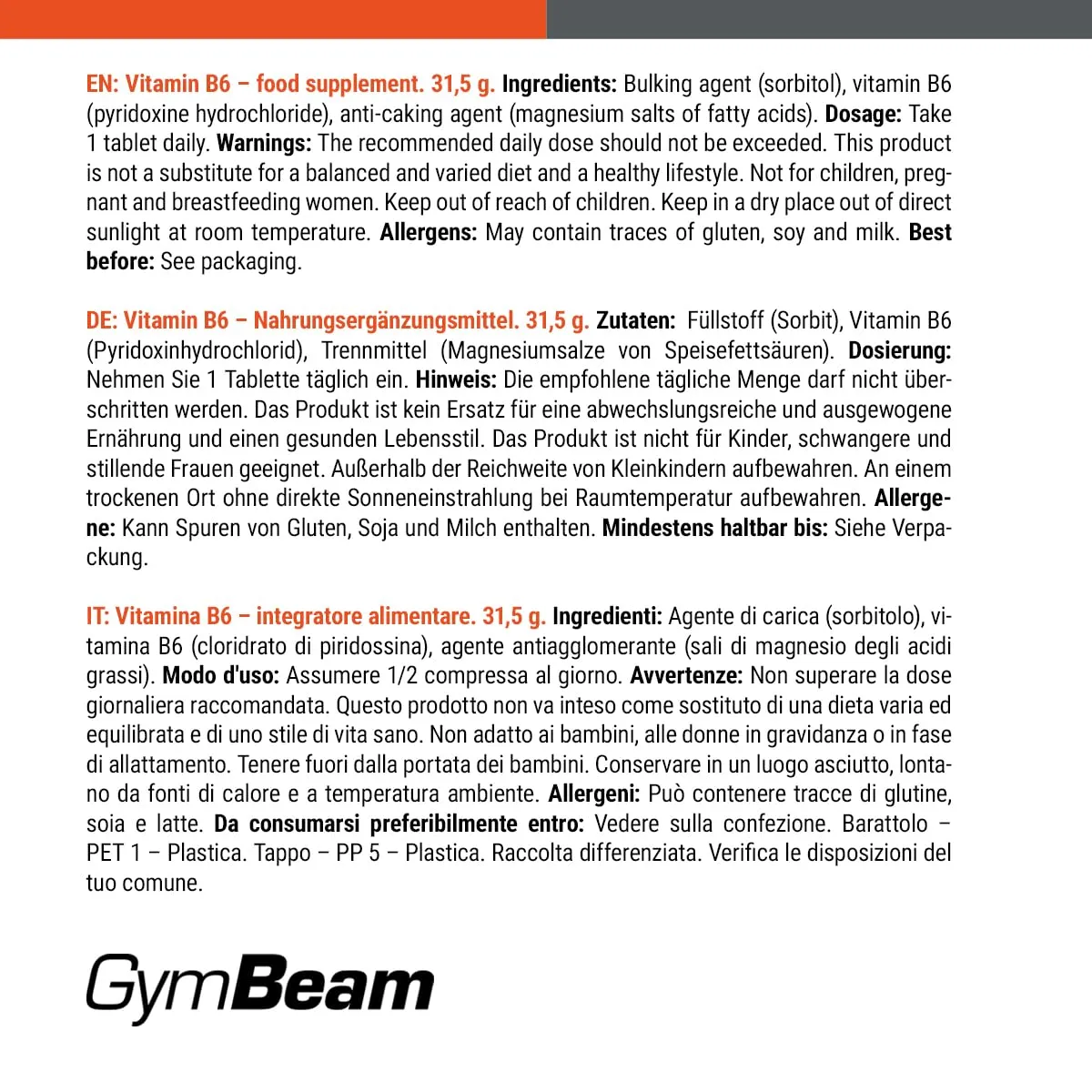 GymBeam Vitamina B6 Integratore 90 Compresse Fatica