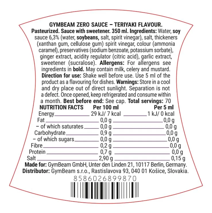 GymBeam Salsa Zero Teriyaki Senza Zucchero Ipocalorica Barbecue