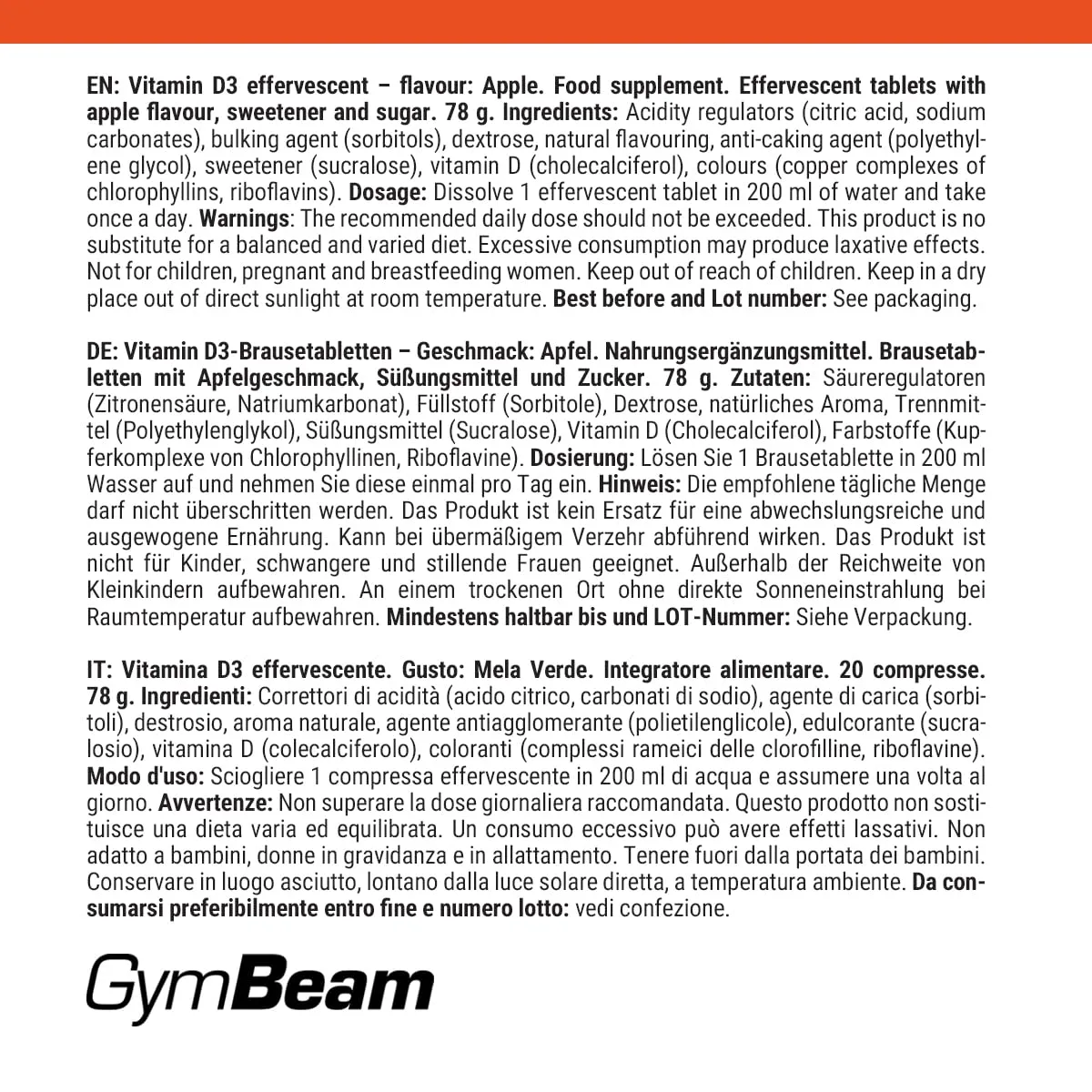 GymBeam Vitamina D3 effervescente 1000 UI ossa