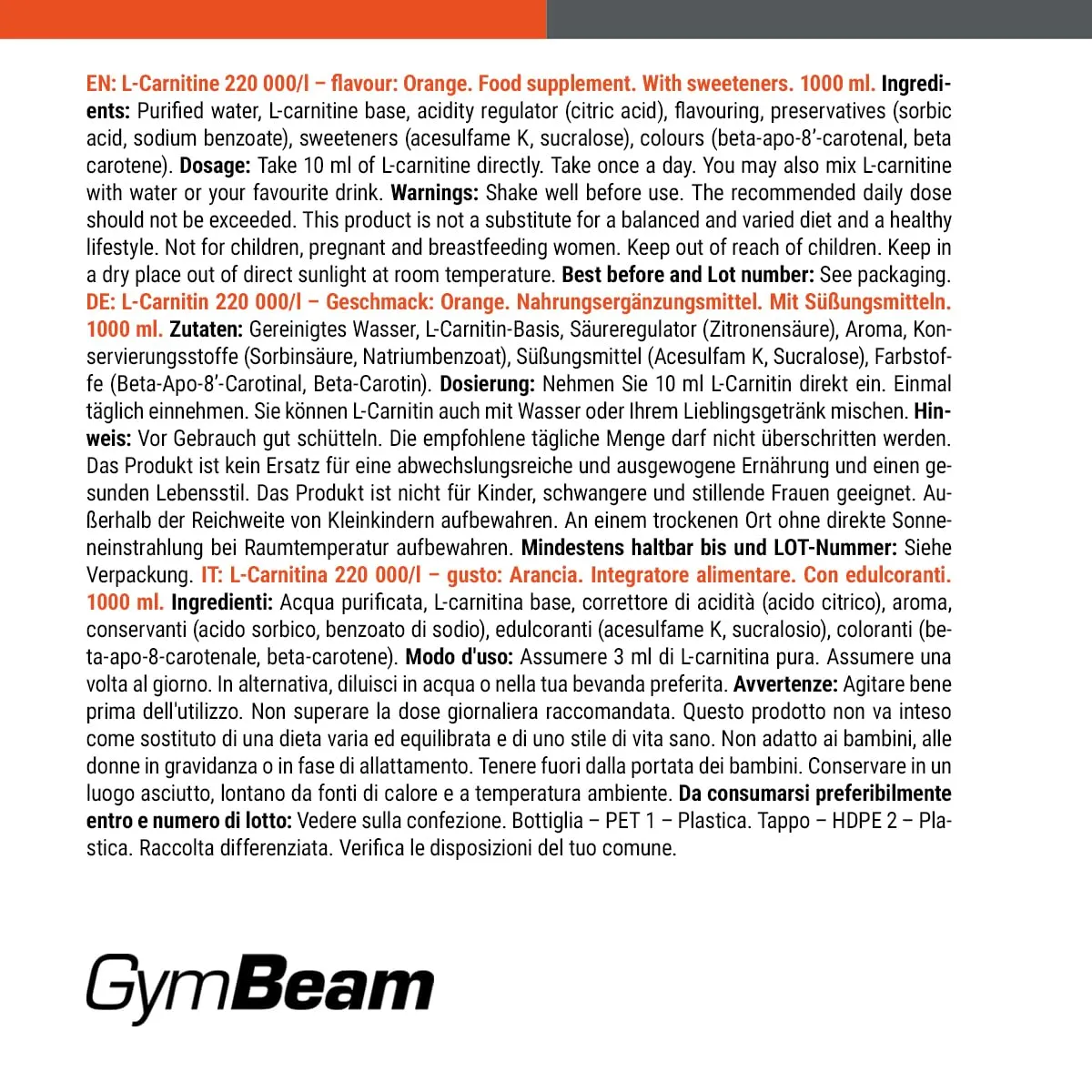 GymBeam L-Carnitina Liquida 1000 ml gusto Arancia