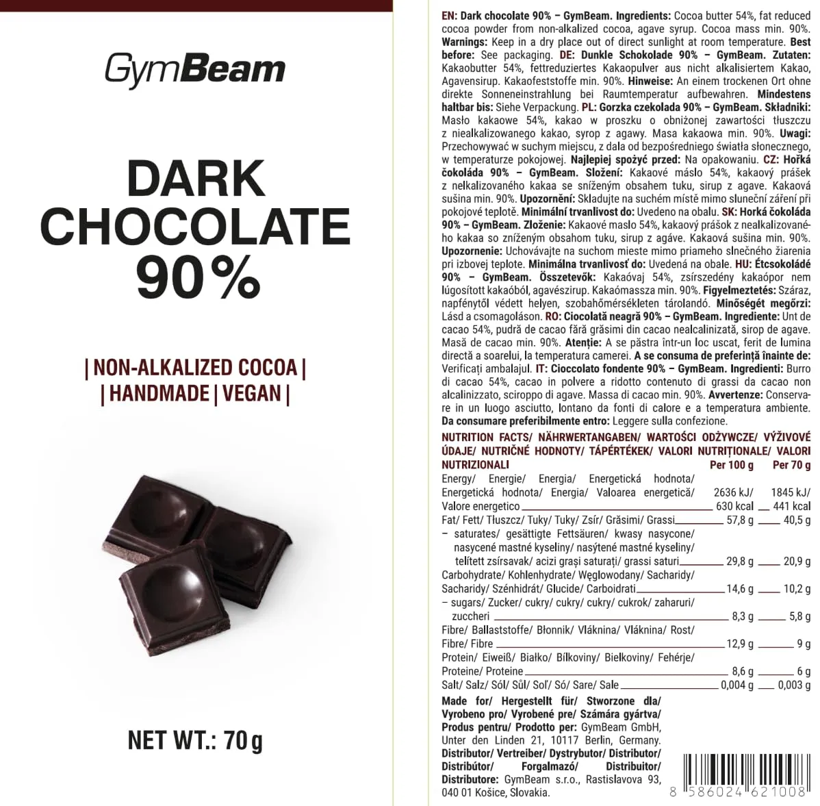 GymBeam Cioccolato Fondente 90% cioccolato 70 g