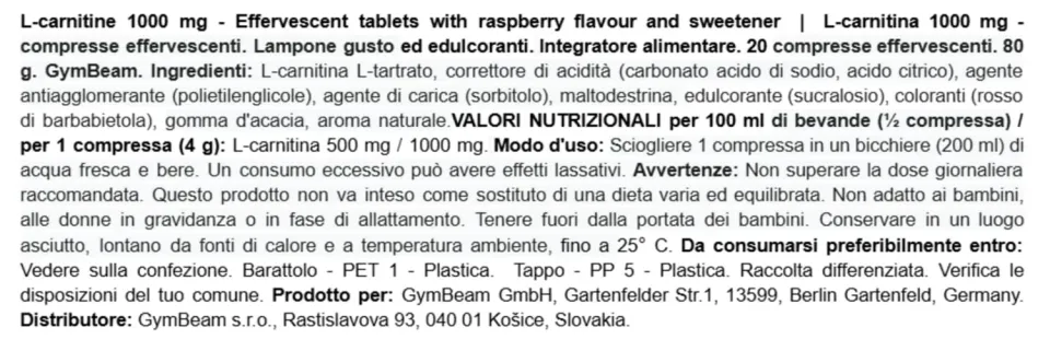 GymBeam L-Carnitina Effervescente compresse 1000 mg gusto frutta