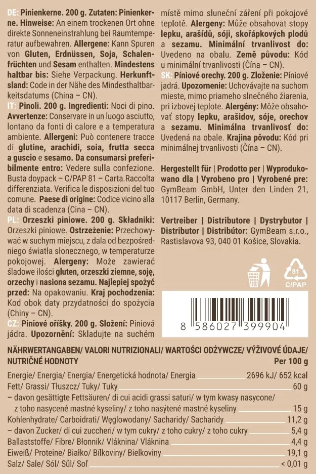GymBeam Pinoli Snack Croccante Grassi Insaturi Fibre