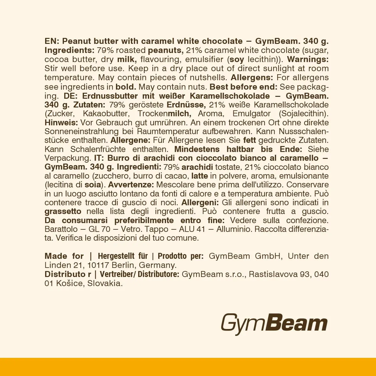 GymBeam Burro di Arachidi Cioccolato Bianco Caramello crema spalmabile proteica