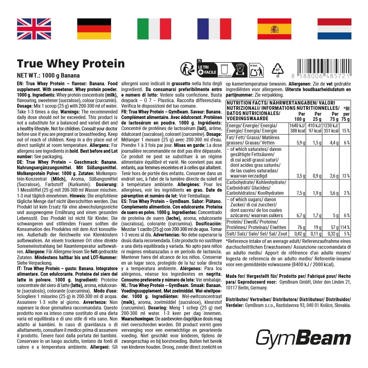 GymBeam True Whey Proteine Banana 1000 g WPC