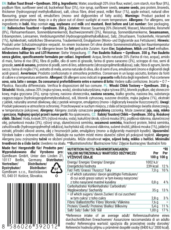 GymBeam Bread Pane Bauletto Senza Glutine 350 g