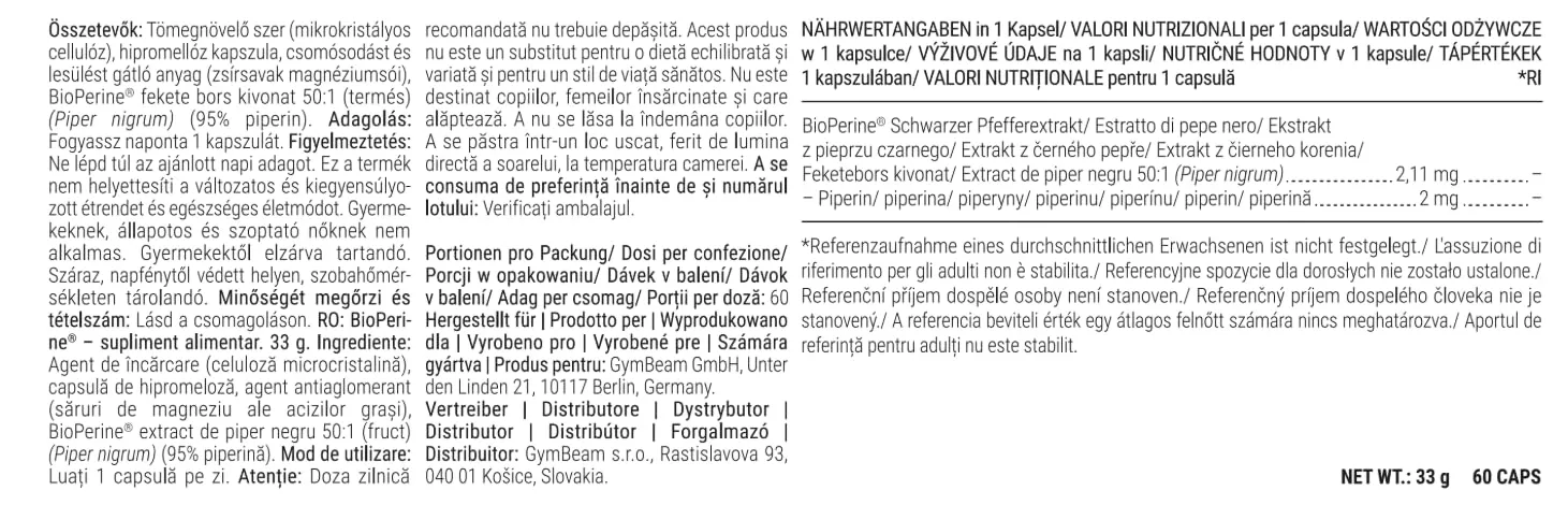 GymBeam Bioperine capsule pepe nero 60 capsule piperina 95%