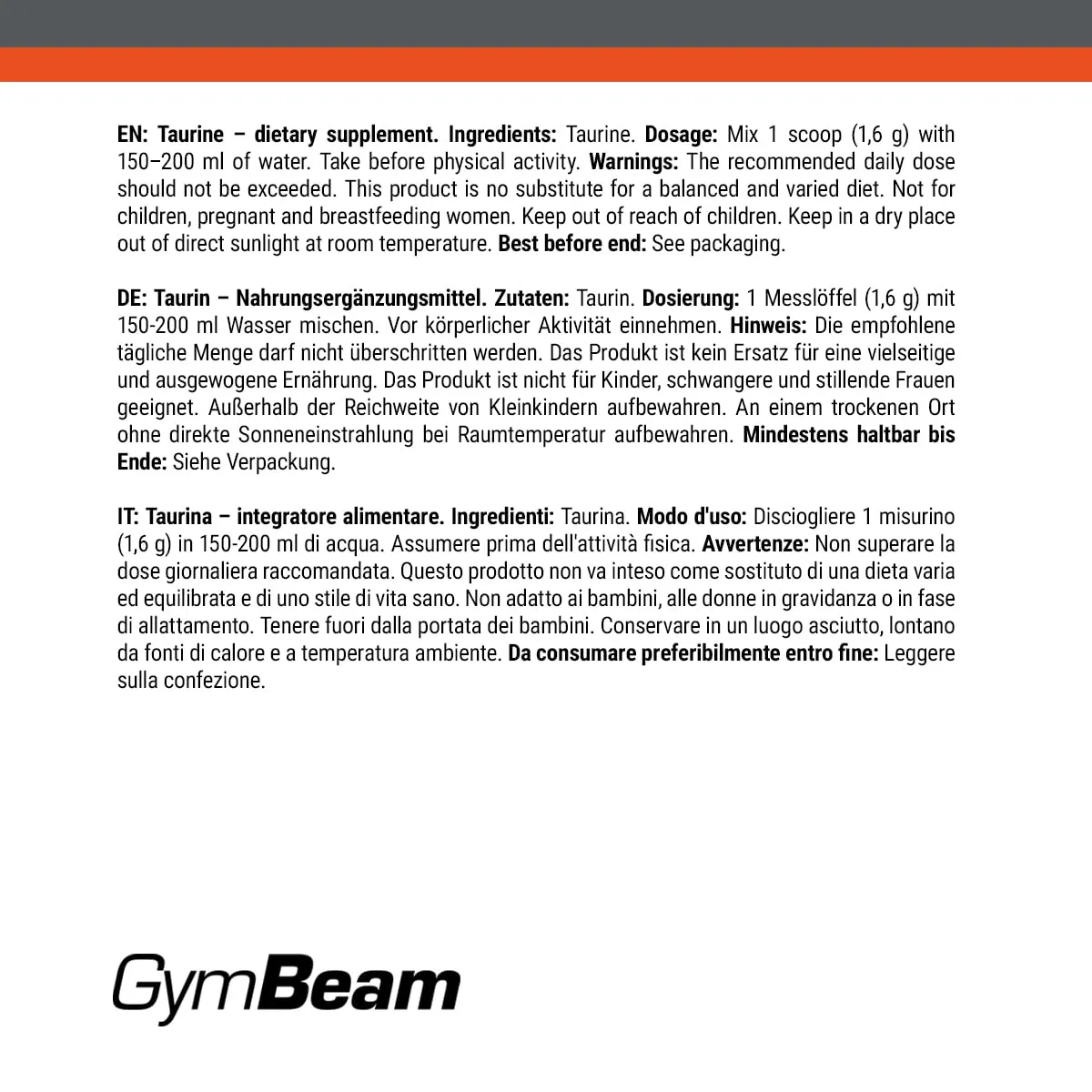 GymBeam Taurina Polvere 250 g Pura Pre-Workout