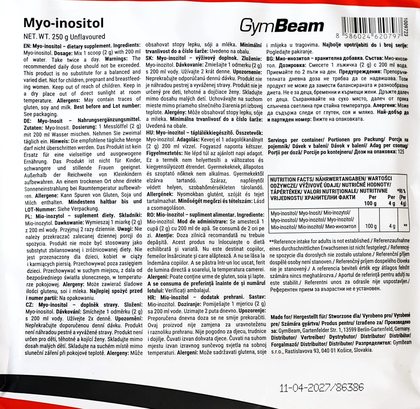 GymBeam Myo Inositolo Polvere 250 g Puro Vegano