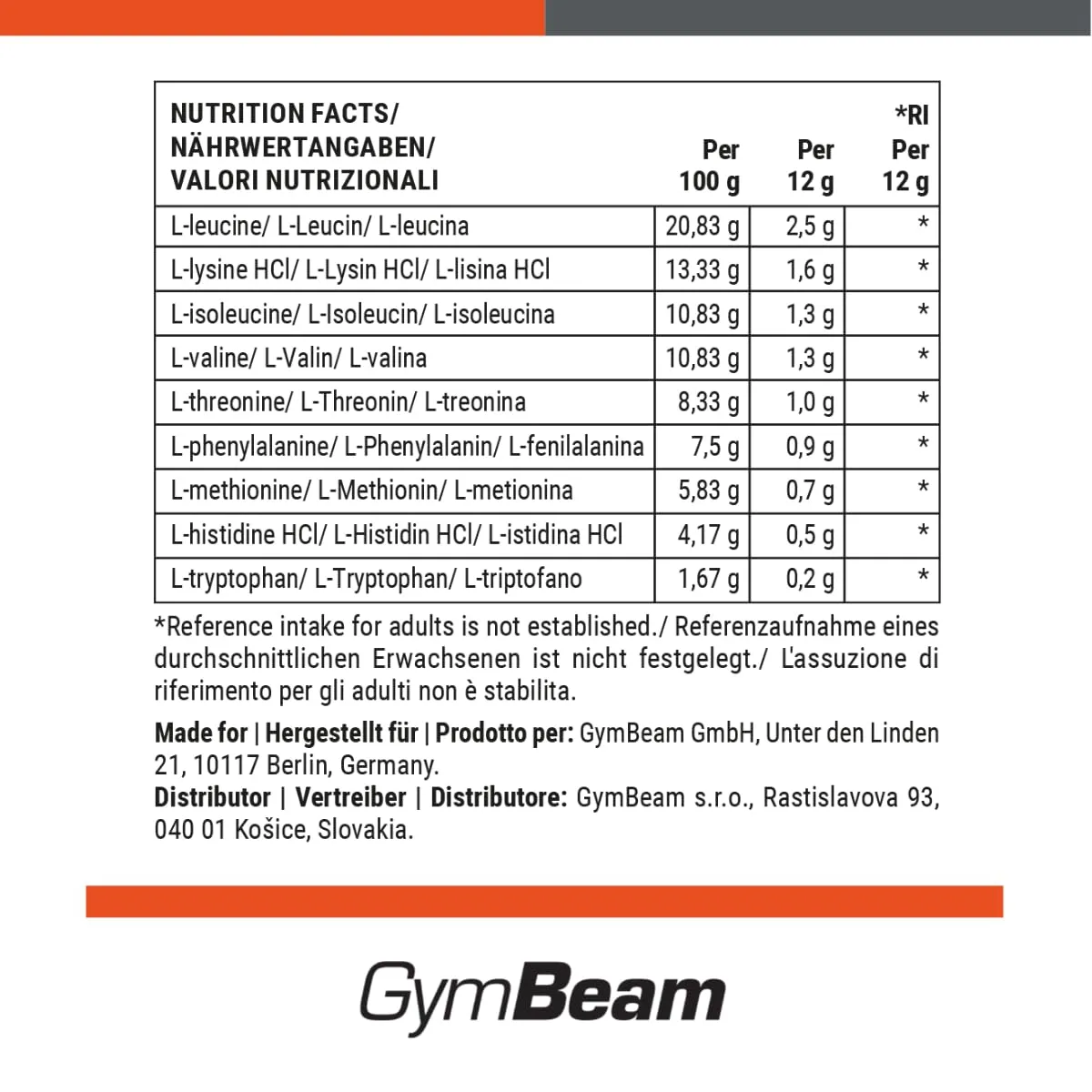 GymBeam EAA Limone Lime 500 g polvere recupero muscolare