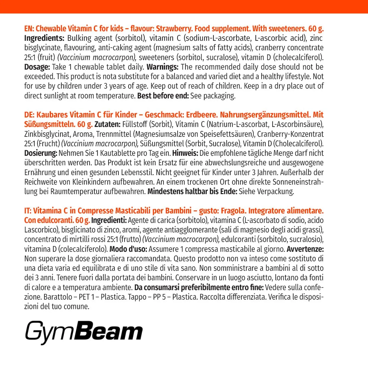 GymBeam Vitamina C Bambini Masticabili 120 cps Fragola