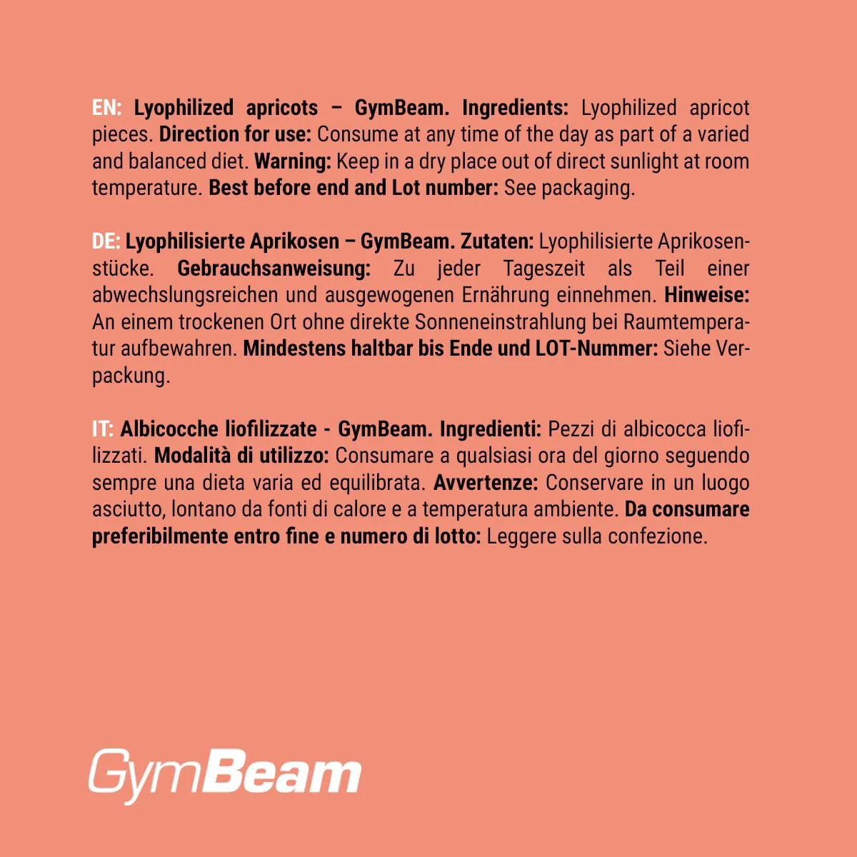 GymBeam Albicocche Liofilizzate 100 g Senza Zuccheri Aggiunti