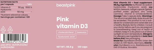 GymBeam Vitamina D3 Pink Integratore 2000 UI 120 Capsule Acido Ialuronico