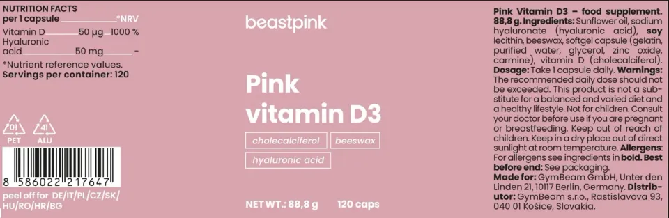 GymBeam Vitamina D3 Pink Integratore 2000 UI 120 Capsule Acido Ialuronico