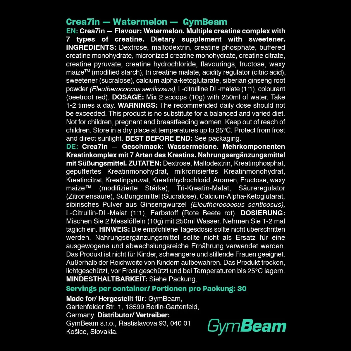 GymBeam Crea7in creatina polvere 600 g watermelon 7 tipi