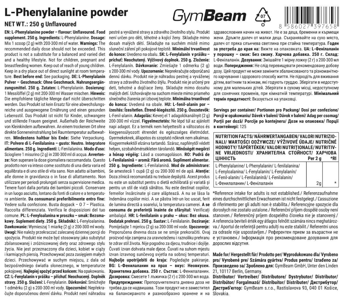 GymBeam L-Fenilalanina Polvere 250 g Vegana