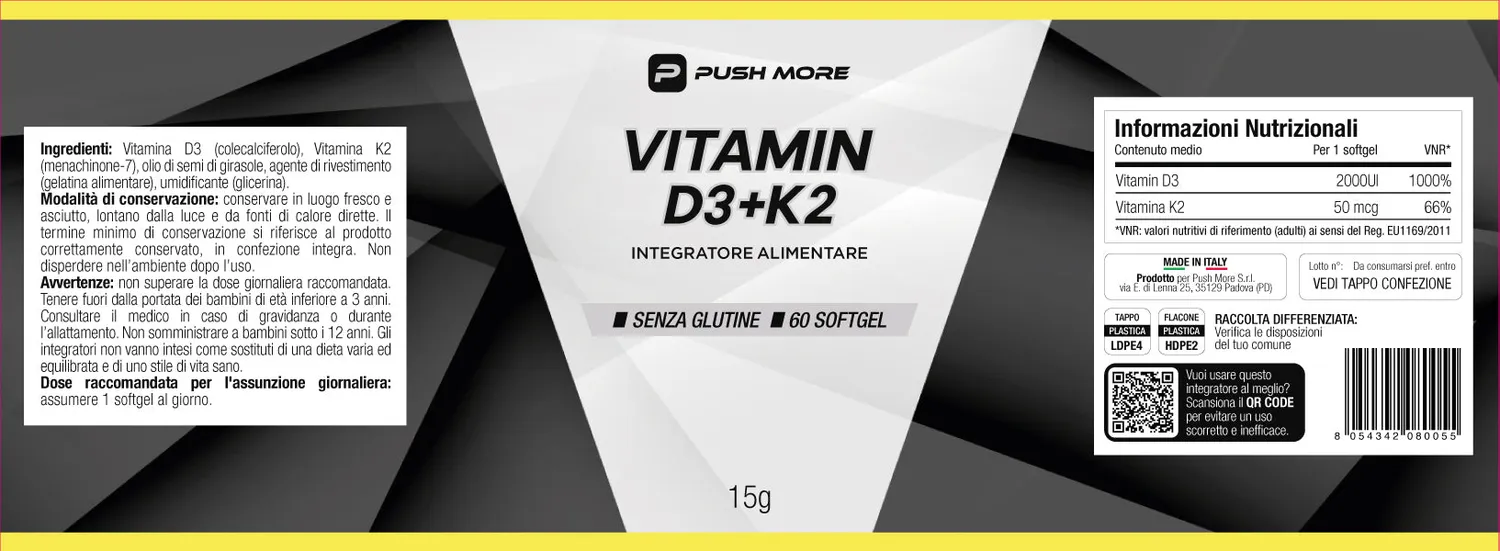 Push More RIV Vitamin D3+K2 Integratore 60 Capsule Ossa