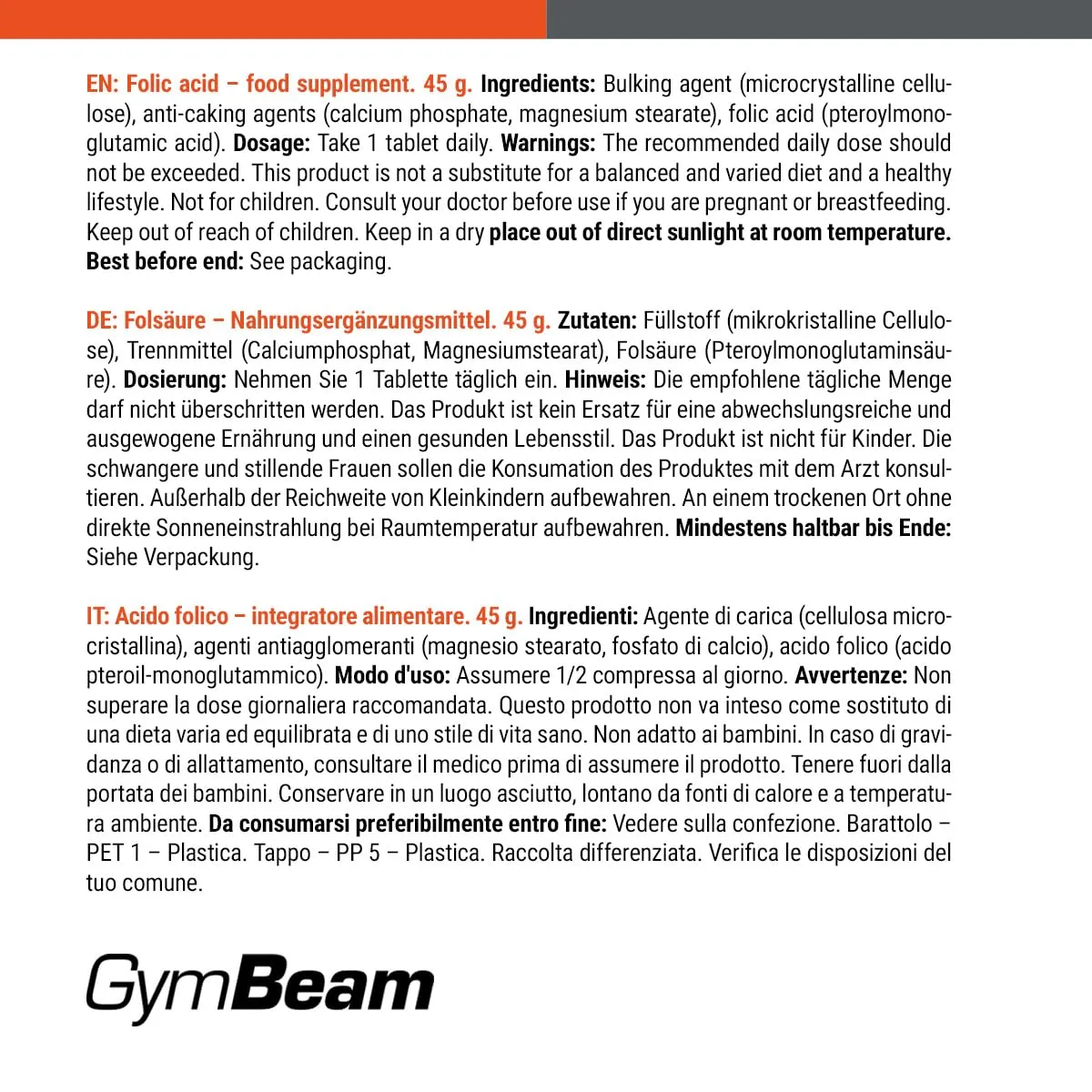 GymBeam Acido Folico 800 mcg compresse 90 cpr vitamina B9