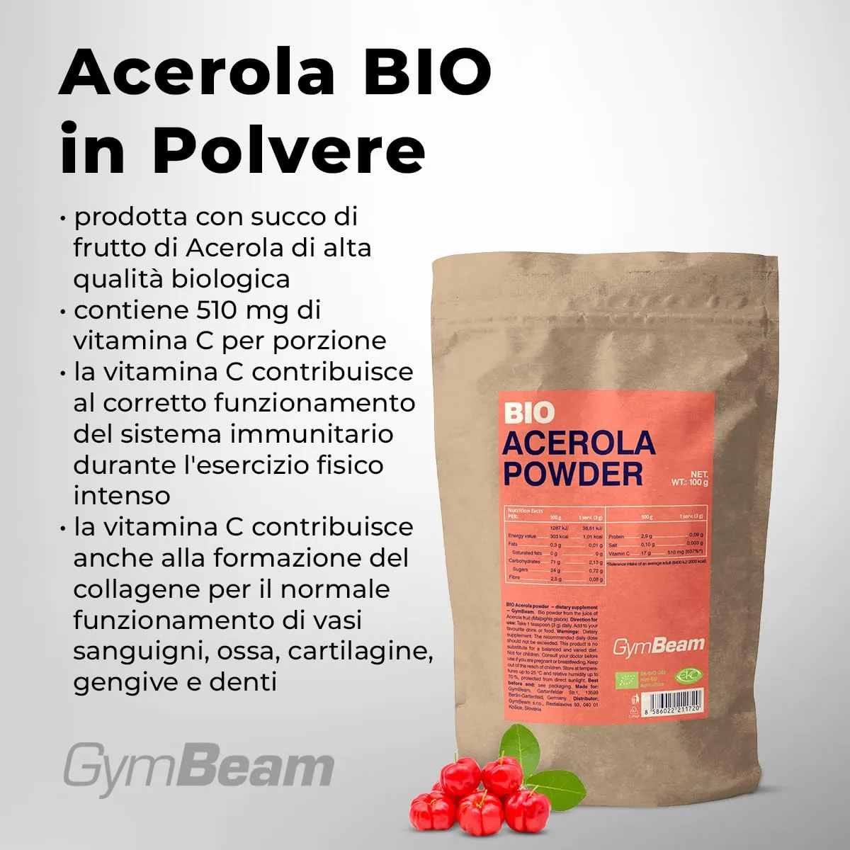 GymBeam Acerola BIO Polvere 100g Vitamina C Naturale