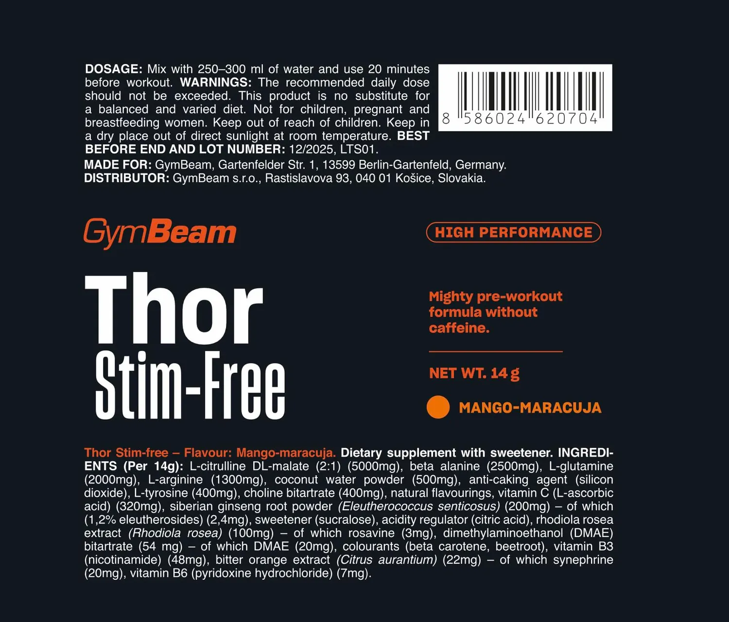 GymBeam Thor Stim-Free pre workout Mango-Maracuja 420 g